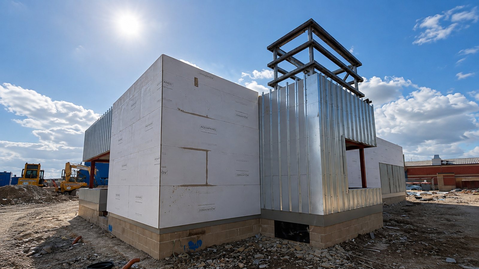 Starbucks drive-thru during sheathing and cladding support works