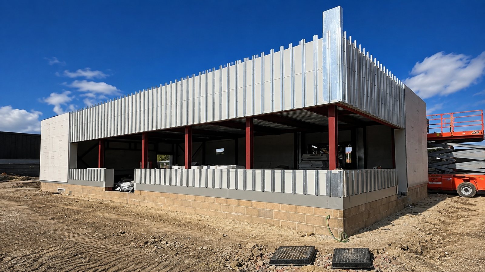 Cladding support rails installed around the Starbucks drive-thru