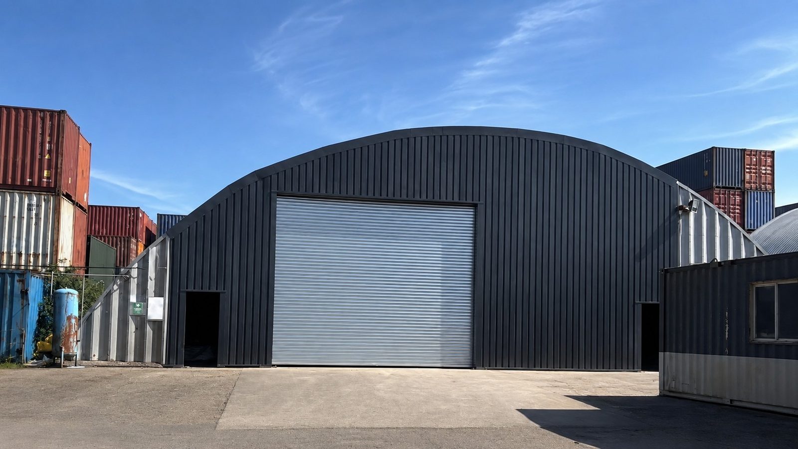 Completed industrial dome with dark vertical cladding and a large roller shutter